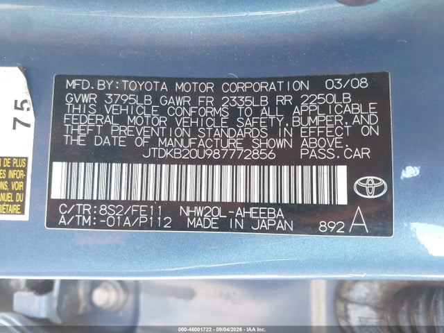 46001722 :رقم المزاد ، JTDKB20U987772856 vin ، 2008 Toyota Prius مزاد بيع