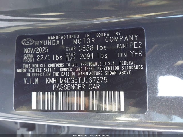 Продажа на аукционе авто 2026 Hyundai Elantra Sel Sport, vin: KMHLM4DG8TU137275, номер лота: 46001723