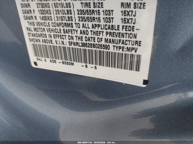 46001724 :رقم المزاد ، 5FNRL38628B026590 vin ، 2008 Honda Odyssey Ex-l مزاد بيع