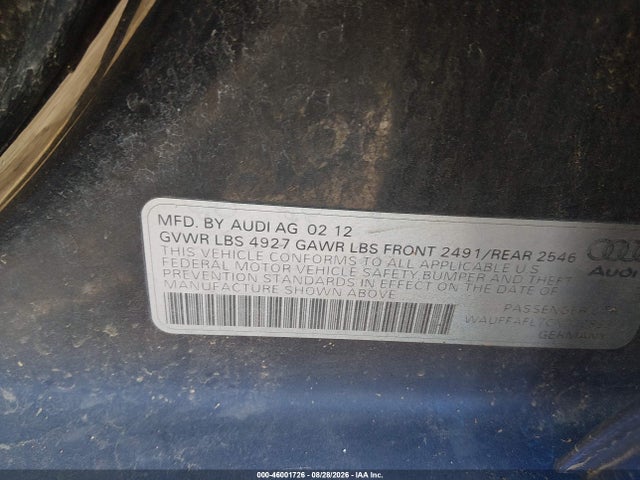 2012 Audi A4 2.0t Premium მანქანა იყიდება აუქციონზე, vin: WAUFFAFL7CN020833, აუქციონის ნომერი: 46001726