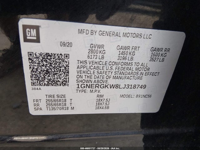 2020 Chevrolet Traverse Fwd Lt Cloth მანქანა იყიდება აუქციონზე, vin: 1GNERGKW8LJ318749, აუქციონის ნომერი: 46001727