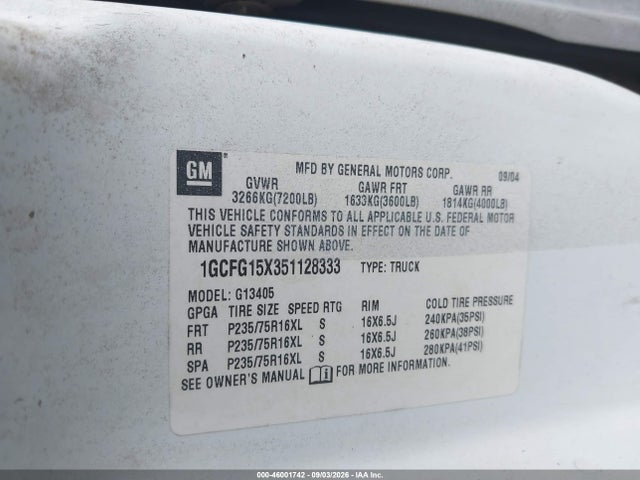 Aukcja sprzedaży 2005 Chevrolet Express, vin: 1GCFG15X351128333, numer aukcji: 46001742