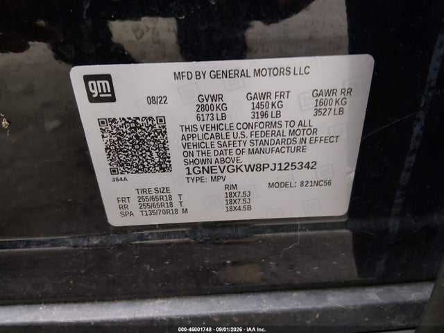 46001748 :رقم المزاد ، 1GNEVGKW8PJ125342 vin ، 2023 Chevrolet Traverse Awd Lt Cloth مزاد بيع