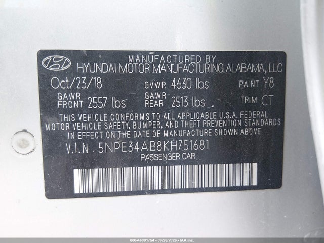 Aukcja sprzedaży 2019 Hyundai Sonata Limited 2.0t, vin: 5NPE34AB8KH751681, numer aukcji: 46001754