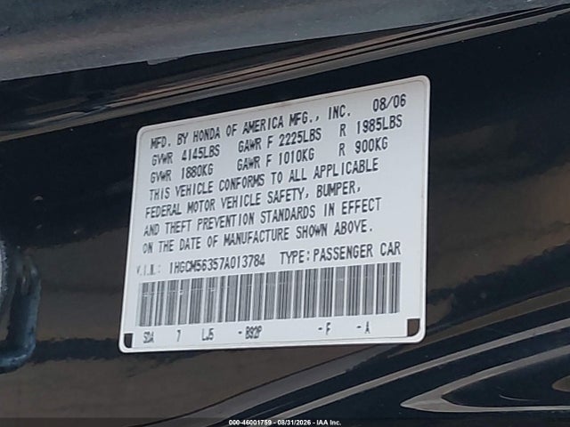 46001759 :رقم المزاد ، 1HGCM56357A013784 vin ، 2007 Honda Accord 2.4 Se مزاد بيع