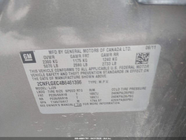 Продаж на аукціоні авто 2011 Chevrolet Equinox Ltz, vin: 2CNFLGEC4B6461396, номер лоту: 46001761