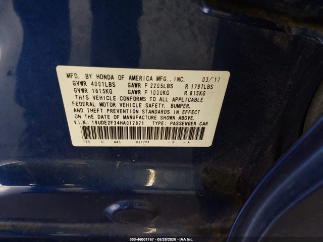 Auction sale of the 2017 Acura Ilx Acurawatch Plus Package, vin: 19UDE2F34HA012871, lot number: 46001767