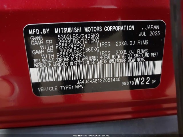 Auction sale of the 2025 Mitsubishi Outlander Se 2.5 S-awc/trail Edition S-awc, vin: JA4J4VA81SZ051445, lot number: 46001773
