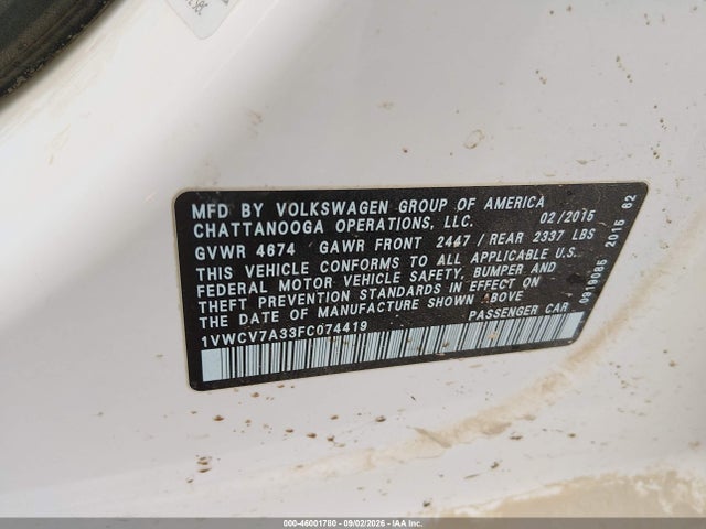 46001780 :رقم المزاد ، 1VWCV7A33FC074419 vin ، 2015 Volkswagen Passat 2.0l Tdi Sel Premium مزاد بيع