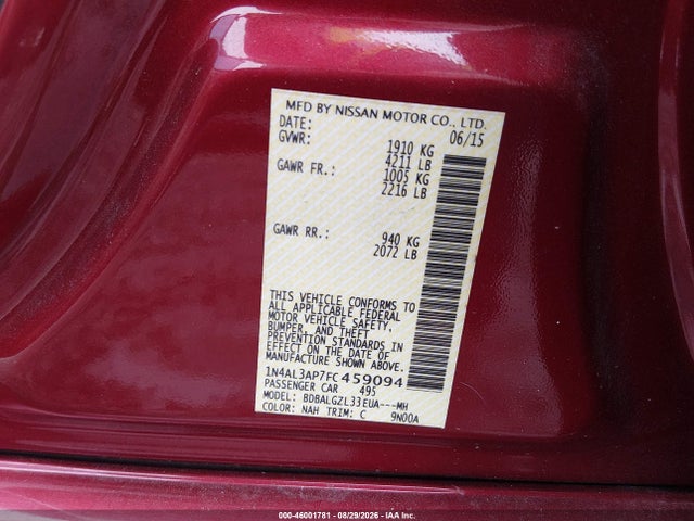 Nissan Altima 2.5 S 2015 1N4AL3AP7FC459094 Image 9