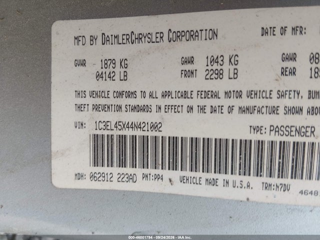 46001794 :رقم المزاد ، 1C3EL45X44N421002 vin ، 2004 Chrysler Sebring مزاد بيع