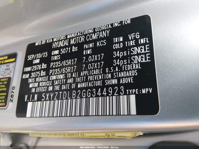 2016 Hyundai Santa Fe Sport 2.4l მანქანა იყიდება აუქციონზე, vin: 5XYZTDLB2GG344923, აუქციონის ნომერი: 46001803