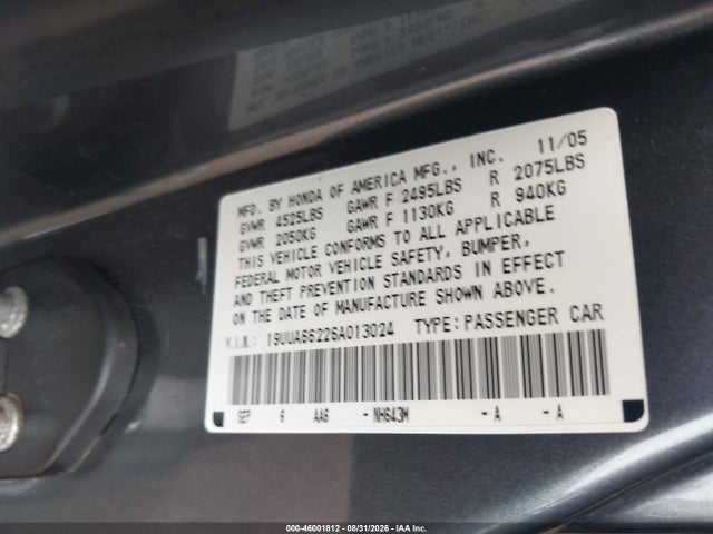Продажа на аукционе авто 2006 Acura Tl, vin: 19UUA66226A013024, номер лота: 46001812