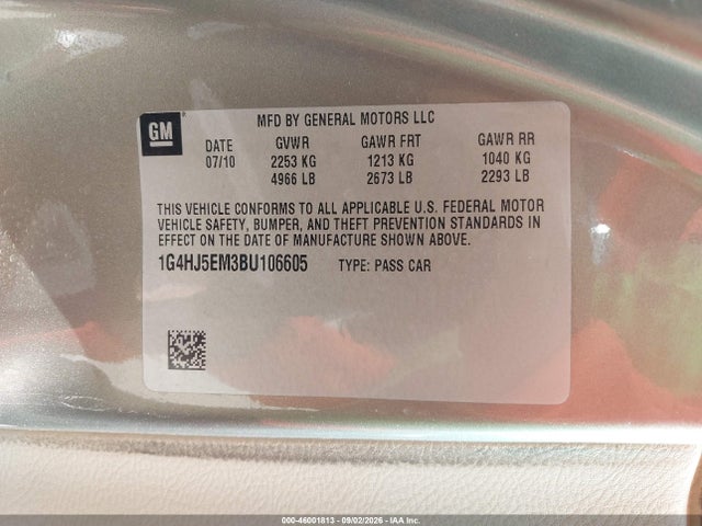 Продаж на аукціоні авто 2011 Buick Lucerne Cxl Premium, vin: 1G4HJ5EM3BU106605, номер лоту: 46001813