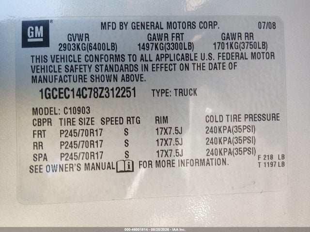 46001814 :رقم المزاد ، 1GCEC14C78Z312251 vin ، 2008 Chevrolet Silverado 1500 Work Truck مزاد بيع