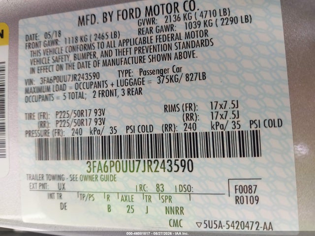 Ford Fusion Hybrid S 2018 3FA6P0UU7JR243590 Image 9