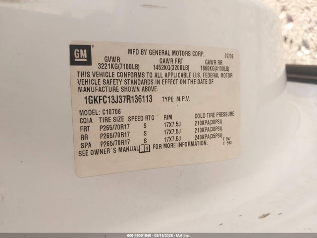 46001840 :رقم المزاد ، 1GKFC13J37R136113 vin ، 2007 Gmc Yukon Sle مزاد بيع