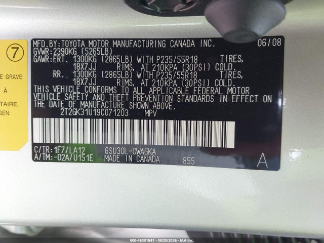 46001841 :رقم المزاد ، 2T2GK31U19C071203 vin ، 2009 Lexus Rx 350 مزاد بيع
