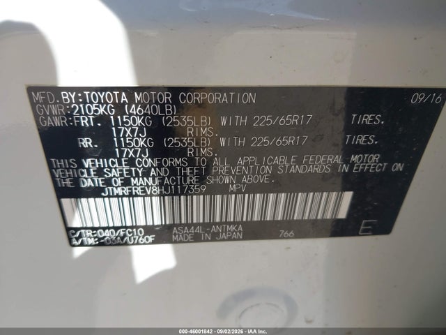 2017 Toyota Rav4 Xle მანქანა იყიდება აუქციონზე, vin: JTMRFREV8HJ117359, აუქციონის ნომერი: 46001842