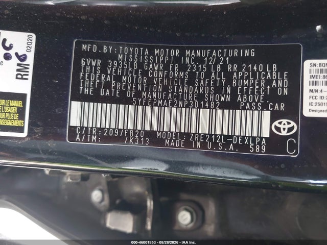 2022 Toyota Corolla Le მანქანა იყიდება აუქციონზე, vin: 5YFEPMAE2NP301482, აუქციონის ნომერი: 46001853
