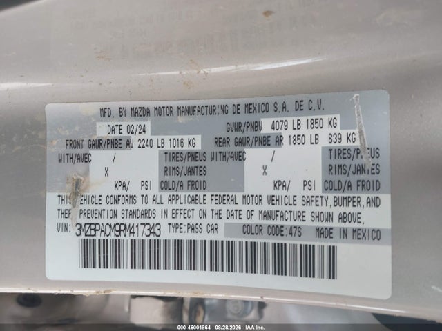 46001864 :رقم المزاد ، 3MZBPACM9RM417343 vin ، 2024 Mazda Mazda3 2.5 S Preferred مزاد بيع