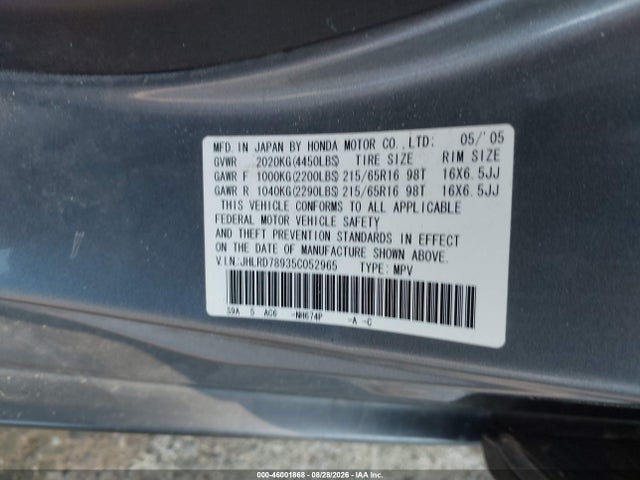 Aukcja sprzedaży 2005 Honda Cr-v Se, vin: JHLRD78935C052965, numer aukcji: 46001868