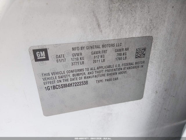 46001871 :رقم المزاد ، 1G1BC5SM4H7222338 vin ، 2017 Chevrolet Cruze Ls Auto مزاد بيع