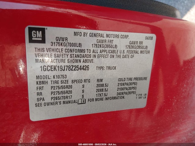 2008 Chevrolet Silverado 1500 Lt1 მანქანა იყიდება აუქციონზე, vin: 1GCEK19J78Z254426, აუქციონის ნომერი: 46001898