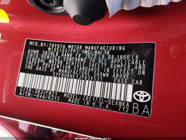 46001907 :رقم المزاد ، 5YFBURHE1JP834531 vin ، 2018 Toyota Corolla Le مزاد بيع