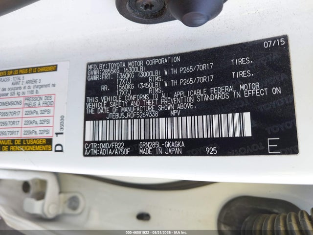 Toyota 4RUNNER SR5 2015 JTEBU5JR0F5269338 Image 9
