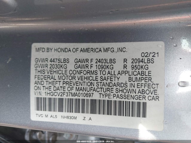 Продаж на аукціоні авто 2021 Honda Accord Sport 2.0t, vin: 1HGCV2F37MA010697, номер лоту: 46001925