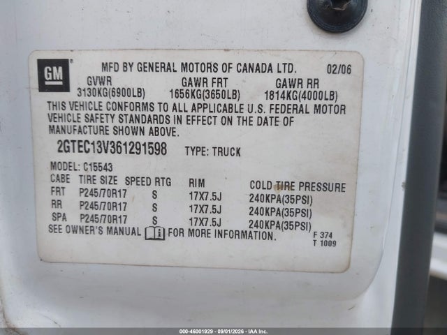 Aukcja sprzedaży 2006 Gmc Sierra 1500 Sl, vin: 2GTEC13V361291598, numer aukcji: 46001929
