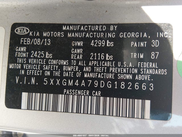 Продажа на аукционе авто 2013 Kia Optima Lx, vin: 5XXGM4A79DG182663, номер лота: 46001937