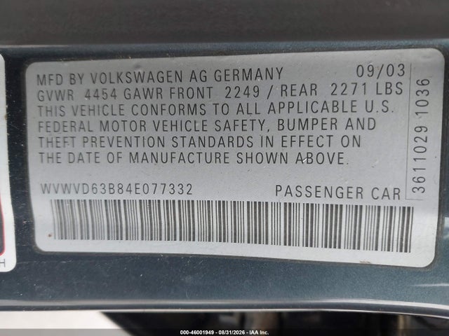 2004 Volkswagen Passat Gls მანქანა იყიდება აუქციონზე, vin: WVWVD63B84E077332, აუქციონის ნომერი: 46001949