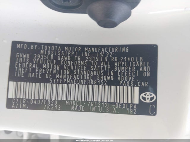 2022 Toyota Corolla Le მანქანა იყიდება აუქციონზე, vin: 5YFEPMAE9NP388152, აუქციონის ნომერი: 46001952