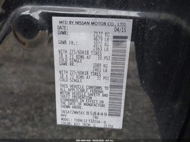 Продаж на аукціоні авто 2015 Nissan Rogue Sl, vin: 5N1AT2MV5FC858449, номер лоту: 46001956