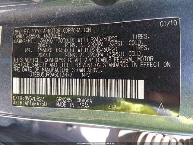 2010 Toyota 4runner Limited V6 მანქანა იყიდება აუქციონზე, vin: JTEBU5JR9A5013479, აუქციონის ნომერი: 46001968