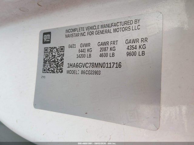 46001991 :رقم المزاد ، 1HA6GVC78MN011716 vin ، 2021 Chevrolet Express Cutaway 4500 Van مزاد بيع