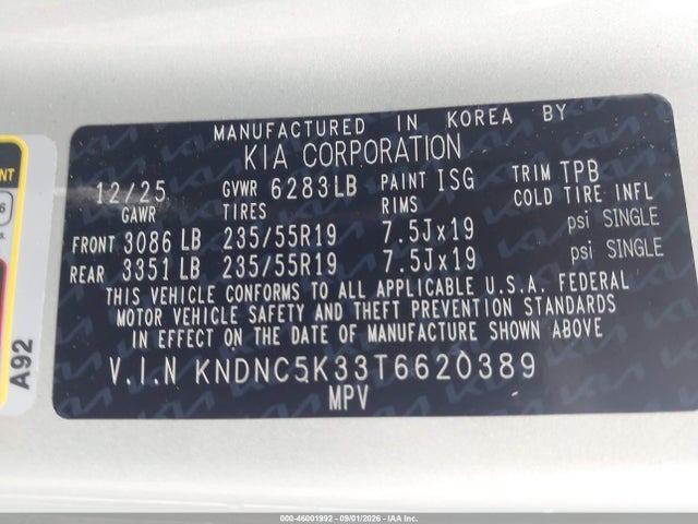 Продаж на аукціоні авто 2026 Kia Carnival Mpv Ex, vin: KNDNC5K33T6620389, номер лоту: 46001992