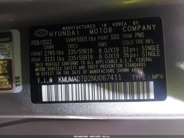 46001996 :رقم المزاد ، KMUMADTB2NU067411 vin ، 2022 Genesis Gv70 2.5t Awd مزاد بيع