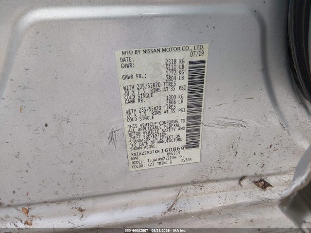 Продажа на аукционе авто 2019 Nissan Murano Sl, vin: 5N1AZ2MJ7KN160869, номер лота: 46002007