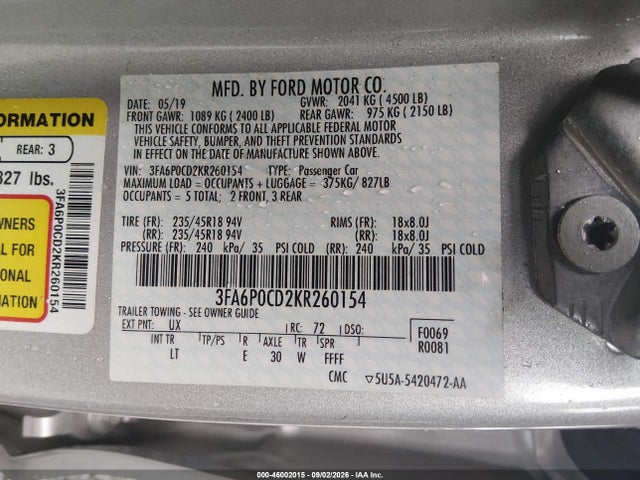 Продаж на аукціоні авто 2019 Ford Fusion Sel, vin: 3FA6P0CD2KR260154, номер лоту: 46002015