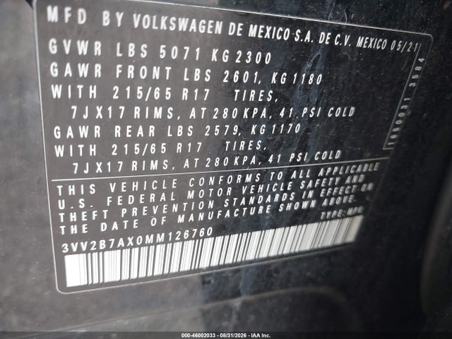 Aukcja sprzedaży 2021 Volkswagen Tiguan 2.0t Se/2.0t Se R-line Black/2.0t Sel, vin: 3VV2B7AX0MM126760, numer aukcji: 46002033
