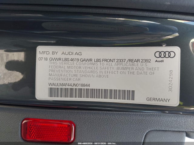 Aukcja sprzedaży 2018 Audi A4 2.0t Tech Ultra Premium/2.0t Ultra Premium, vin: WAULMAF44JN018844, numer aukcji: 46002035