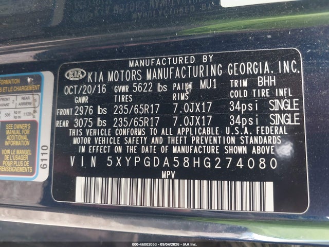 Aukcja sprzedaży 2017 Kia Sorento 3.3l Lx, vin: 5XYPGDA58HG274080, numer aukcji: 46002053