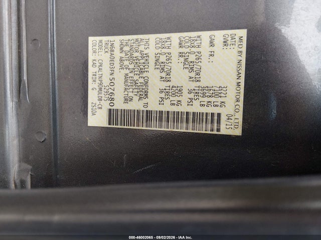 2015 Nissan Titan Sv მანქანა იყიდება აუქციონზე, vin: 1N6BA0ED3FN507680, აუქციონის ნომერი: 46002065