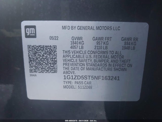 46002078 :رقم المزاد ، 1G1ZD5ST5NF163241 vin ، 2022 Chevrolet Malibu Fwd Lt مزاد بيع
