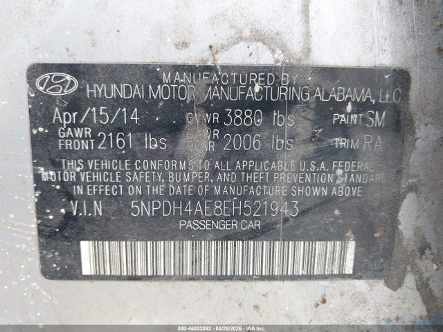 46002092 :رقم المزاد ، 5NPDH4AE8EH521943 vin ، 2014 Hyundai Elantra Se مزاد بيع