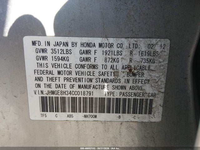 46002103 :رقم المزاد ، JHMGE8H34CC018791 vin ، 2012 Honda Fit مزاد بيع