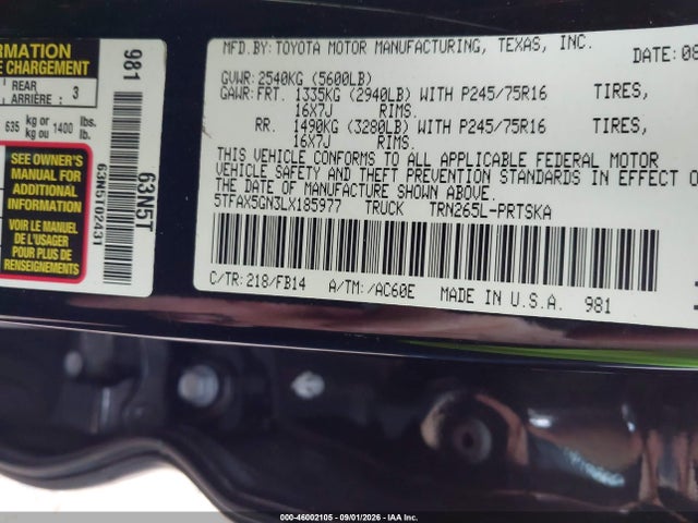 2020 Toyota Tacoma Sr მანქანა იყიდება აუქციონზე, vin: 5TFAX5GN3LX185977, აუქციონის ნომერი: 46002105